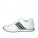 Men's laced casual shoe with removable insole in white leather and blue, green and grey fabric - Available sizes:  38, 46