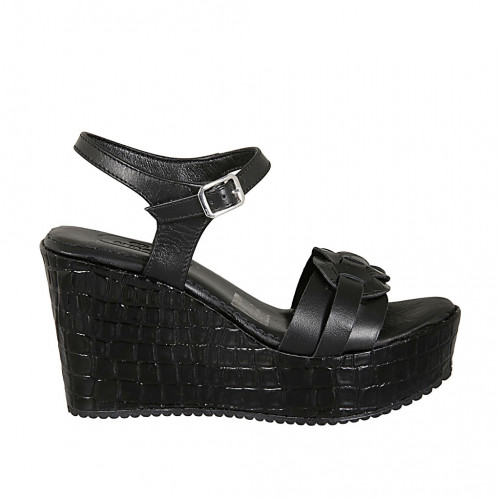 Woman's strap sandal in black leather with platform and printed wedge heel 9 - Available sizes:  42