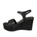 Woman's strap sandal in black leather with platform and printed wedge heel 9 - Available sizes:  42