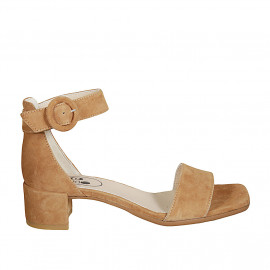 Woman's open shoe with strap in cognac brown suede heel 4 - Available sizes:  43, 45