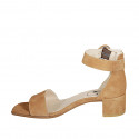 Woman's open shoe with strap in cognac brown suede heel 4 - Available sizes:  43, 45