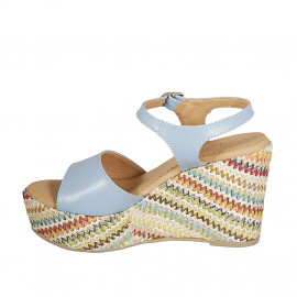 Sandale avec courroie pour femmes en cuir bleu clair et tissu multicouleur talon compensé 9 - Pointures disponibles:  42 2