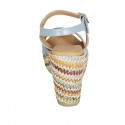 Woman's sandal with strap in light blue leather and multicolored fabric wedge heel 9 - Available sizes:  42