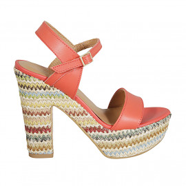 Woman's strap sandal with platform in red leather and multicolored fabric heel 12 - Available sizes:  42