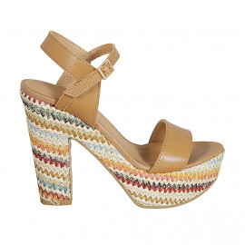 Woman's strap sandal with platform in cognac brown leather and multicolored fabric heel 12 - Available sizes:  42