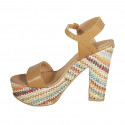 Sandale pour femmes avec courroie et plateforme en cuir cognac et tissu multicouleur talon 12 - Pointures disponibles:  42