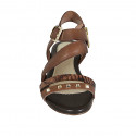 Woman's sandal with zipper, buckle and studs in brown leather and printed leather heel 1 - Available sizes:  33
