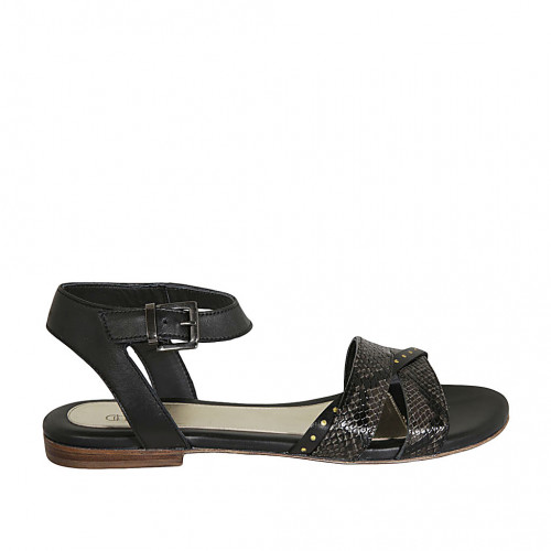 Woman's sandal with strap and studs in black leather and printed leather heel 1 - Available sizes:  33