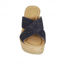 Woman's mules in blue suede and printed suede with platform and wedge heel 9 - Available sizes:  42