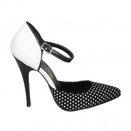 Zapato abierto a punta para mujer con cinturon en piel blanca y gamuza negra de lunares tacon 11 - Tallas disponibles:  42, 43