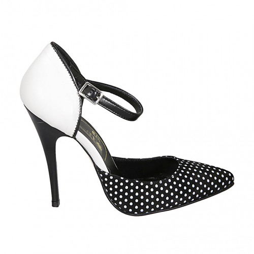 Woman's pointy open shoe with strap in white leather and black polka dot suede heel 11 - Available sizes:  42, 43