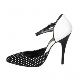 Zapato abierto a punta para mujer con cinturon en piel blanca y gamuza negra de lunares tacon 11 - Tallas disponibles:  42, 43 2