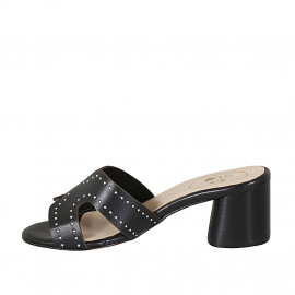 Woman's mules with studs in black leather heel 5 - Available sizes:  42 2