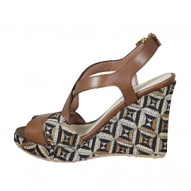 Woman's sandal with multicolored optical platform in cognac brown leather wedge heel 10 - Available sizes:  42 2
