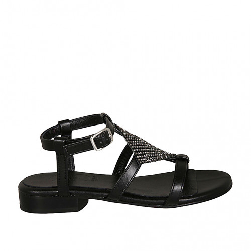 Woman's strap sandal in black leather with rhinestones heel 2 - Available sizes:  33