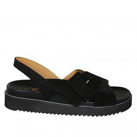 Woman's sandal in black suede with buckle and wedge heel 3 - Available sizes:  42