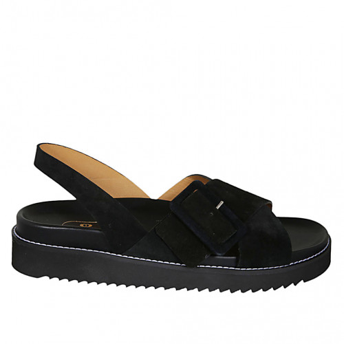 Woman's sandal in black suede with buckle and wedge heel 3 - Available sizes:  42