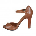 Woman's open shoe in cognac brown leather with strap heel 10 - Available sizes:  42