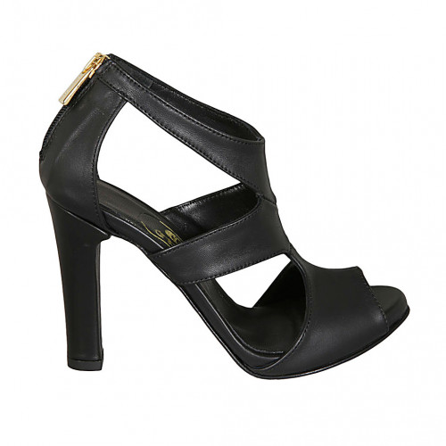 Scarpa aperta da donna con cerniera e plateau in pelle nera tacco 10 - Misure disponibili: 42