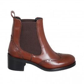 Woman's ankle boot in cognac brown leather with elastic bands and wingtip heel 5 - Available sizes:  43
