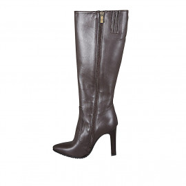 Woman's pointy boot with zipper in dark brown leather heel 10 - Available sizes:  32 2
